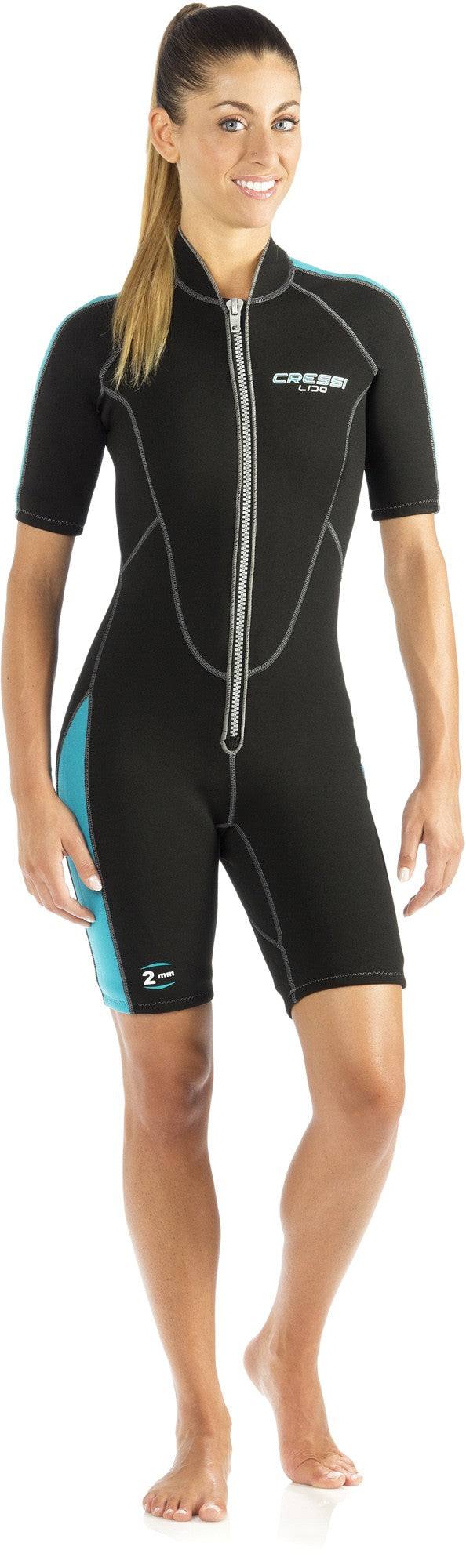 Cressi 2mm Lido Short Lady Wetsuit front view with easy-entry zipper and anatomical cut.
