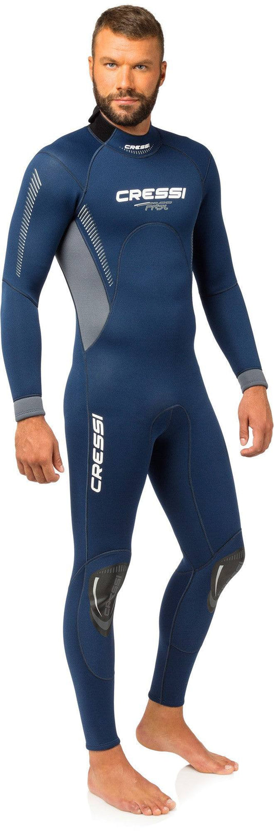 Cressi 3mm Fast Man Wetsuit in blue, featuring 3 mm double-lined neoprene with pre-shaped legs and YKK back zip.