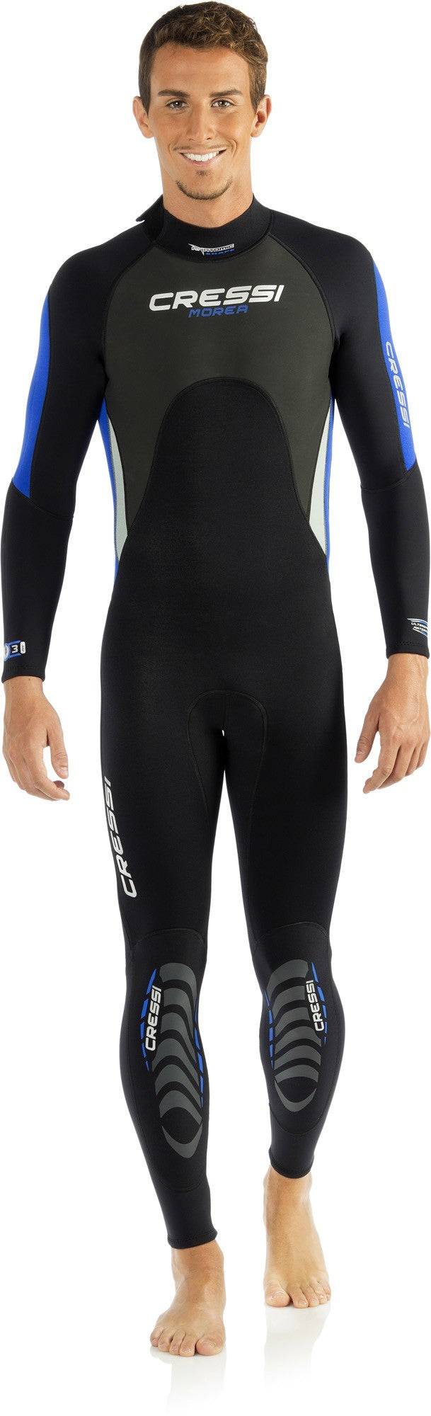 Cressi 3 mm Morea Man Wetsuit for SCUBA, snorkeling, swimming, tropical waters, black with blue accents.