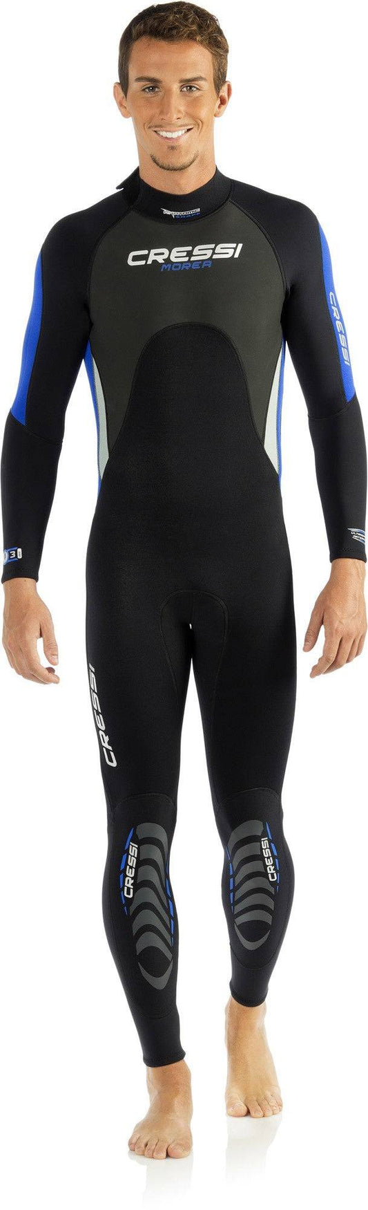 Cressi 3 mm Morea Man Wetsuit for SCUBA, snorkeling, swimming, tropical waters, black with blue accents.