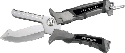 Cressi Alligator Scissor Knife with stainless steel serrated blade and ergonomic design.