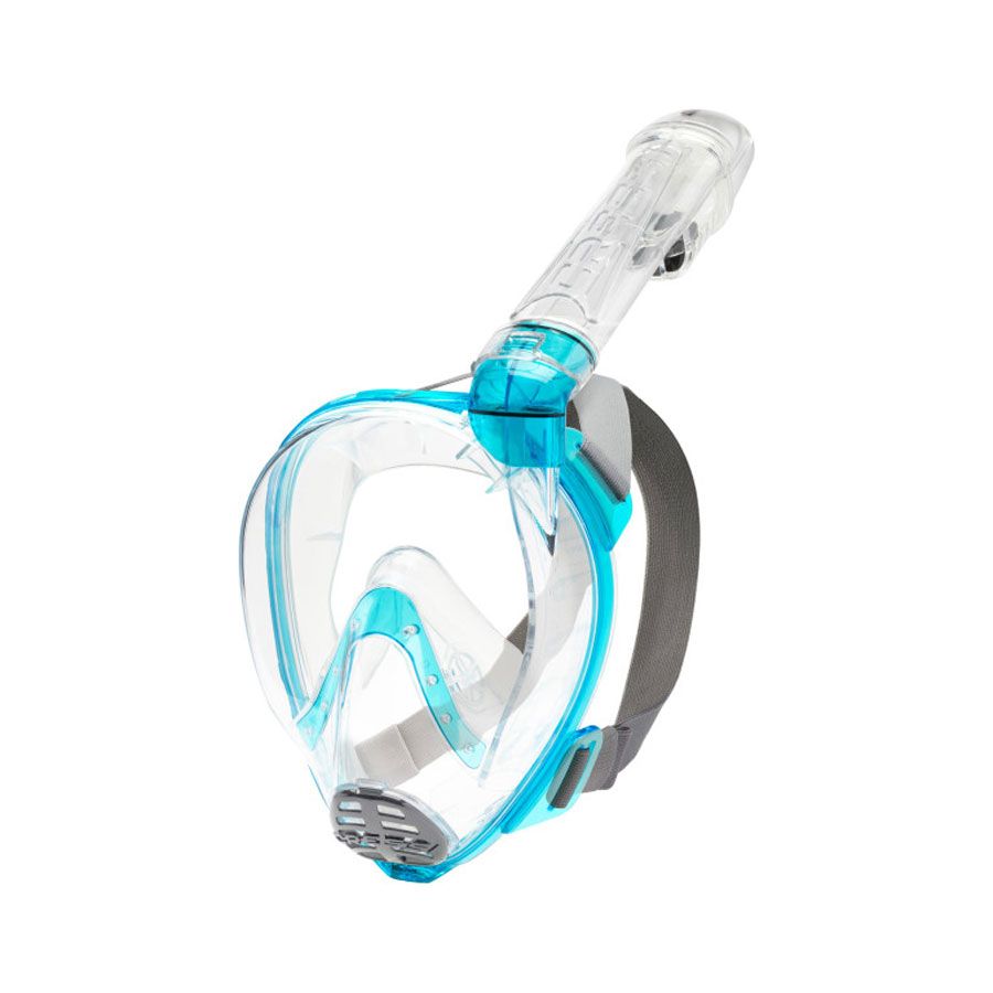 Cressi Baron Junior full face mask for kids with large viewing area and dry snorkel, features hypoallergenic silicone and adjustable straps.