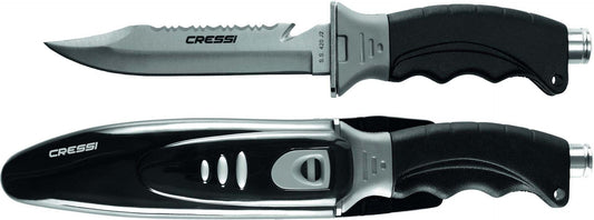 Cressi Borg Point Tip Knife with sheath and serrated-edge blade.