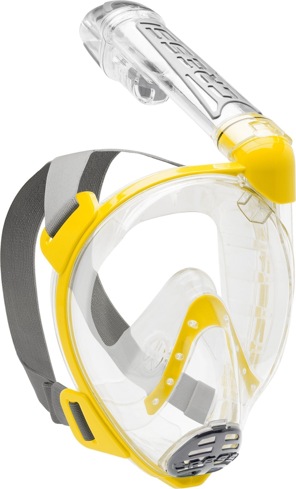 Cressi Duke Full Face Mask with dry snorkel, offering wide 30% larger vision and anti-fog features for natural nose and mouth breathing while snorkeling.