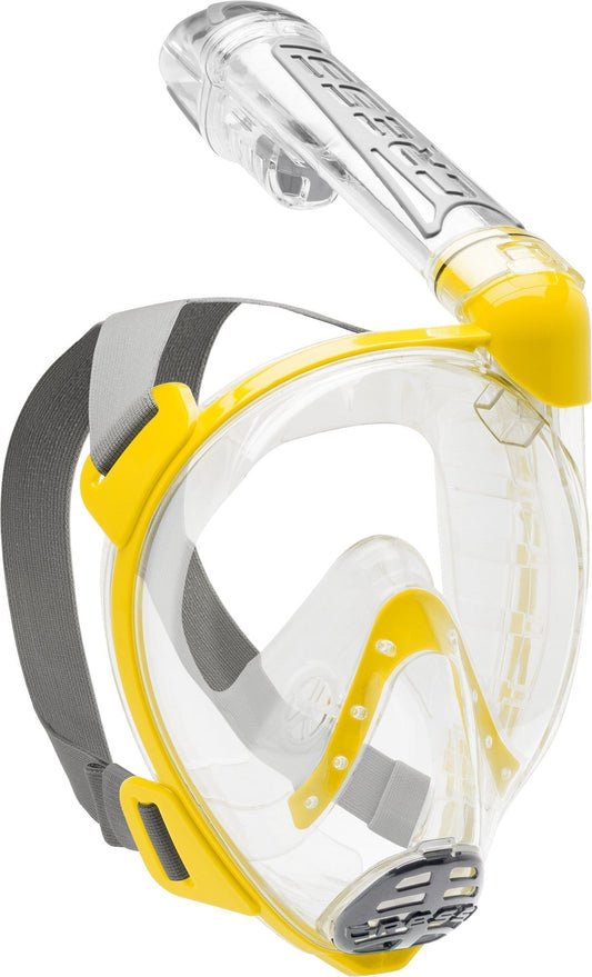 Cressi Duke Full Face Mask with dry snorkel, offering wide 30% larger vision and anti-fog features for natural nose and mouth breathing while snorkeling.