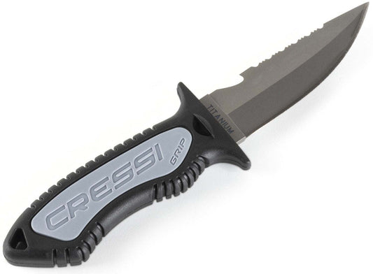 Cressi Grip Titanium Knife with rust-resistant serrated and straight titanium blade, non-slip ergonomic handle.