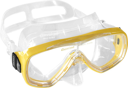 Cressi Onda Mask with tempered glass lens and transparent silicone skirt for snorkeling and diving.