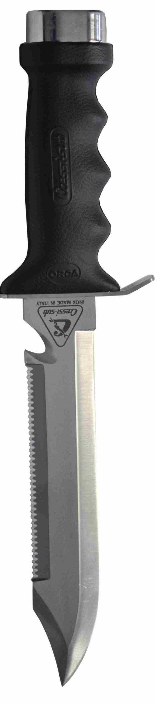 Cressi Orca Knife with serrated and smooth blade, non-slip handle, stainless steel hilt, and chrome-plated knob.