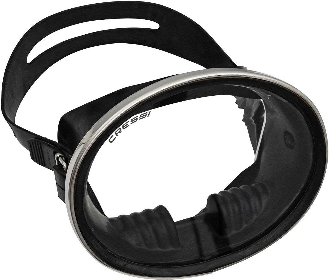 Cressi Pacifico Rubber Mask, retro-style freediving mask with black rubber skirt, tempered glass lens, and adjustable strap.