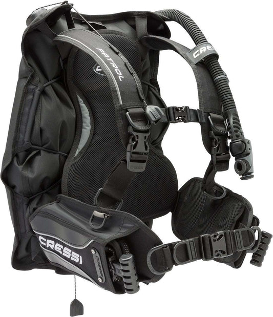 Cressi Patrol BCD, lightweight rear inflation BC with adjustable harness and flat-lock-aid weight system.