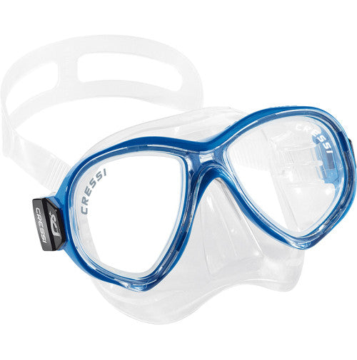 Cressi Perla Junior Mask for kids, blue dual-lens with tempered glass, hypoallergenic silicone, and adjustable strap.