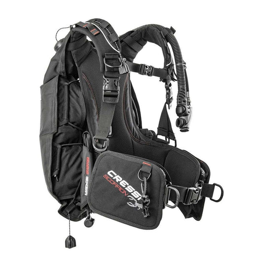 Cressi Scorpion BCD with rear-mounted air cell and detachable harness for divers.