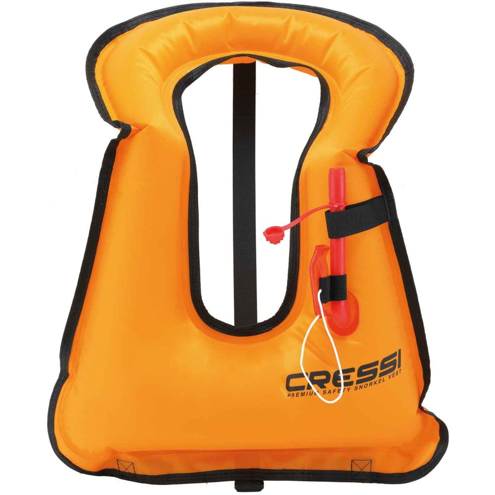 Cressi Snorkel Vest with adjustable straps and oral inflator for easy water flotation.