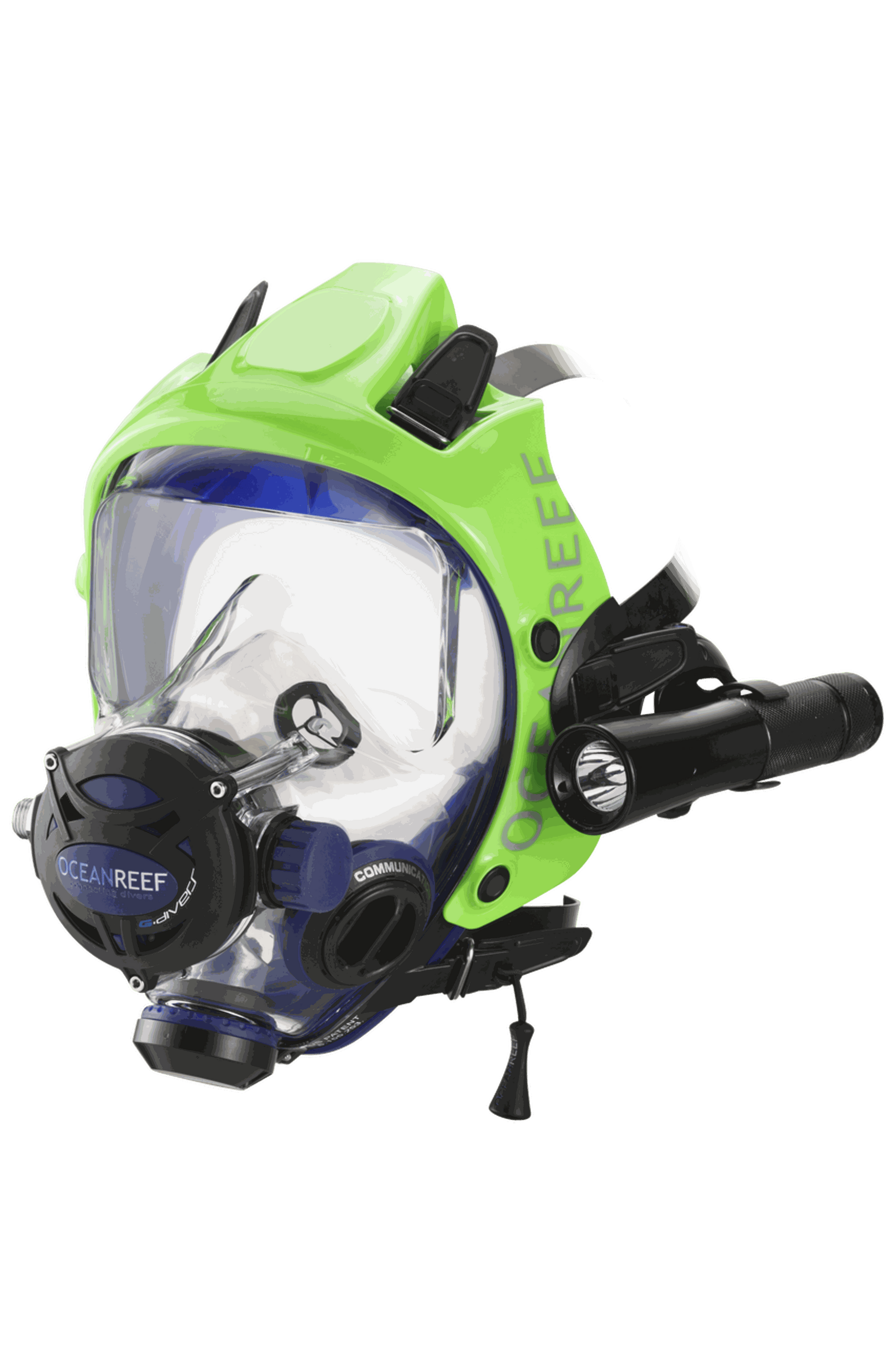 Ocean Reef Extender Kit for full face scuba masks with green frame and communication support.