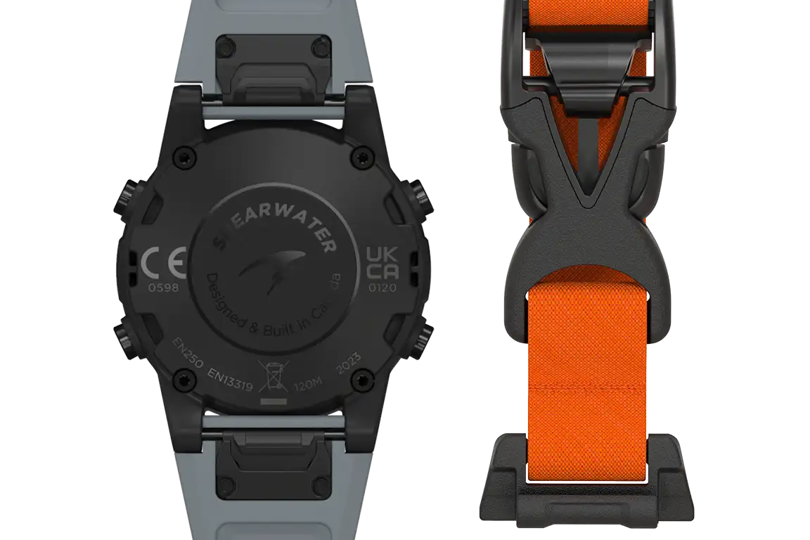 Gray and orange garmin watch with a durable, textured strap.