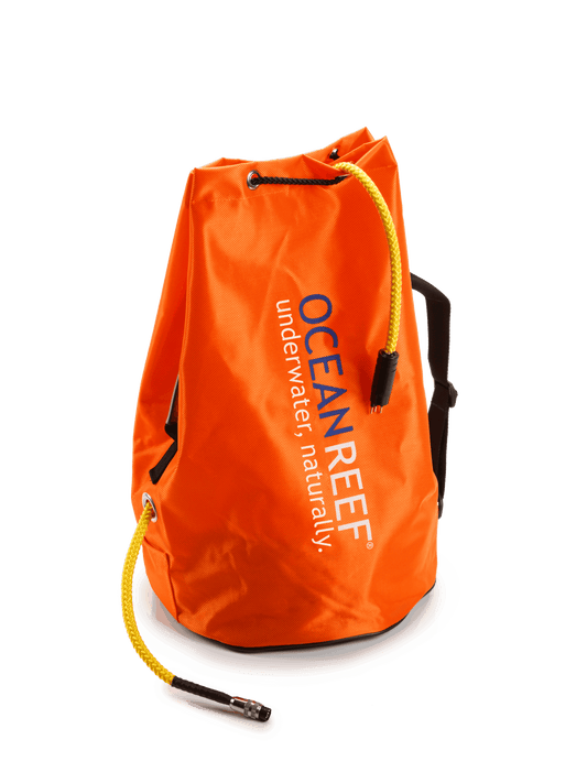 Ocean Reef Alpha Pro X-Divers Bag in vibrant orange with drawstring top, handle, and shoulder strap.