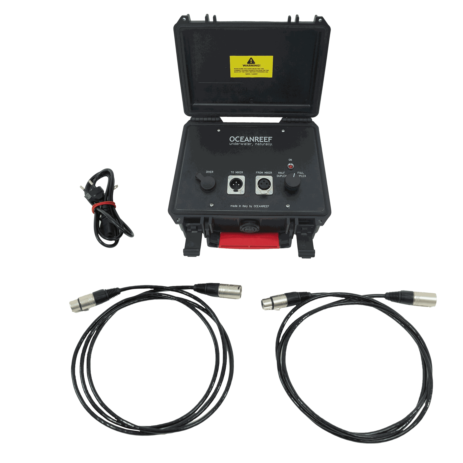 Ocean Reef AQUARIST underwater communication system with cables and connectors for aquarium presentations.