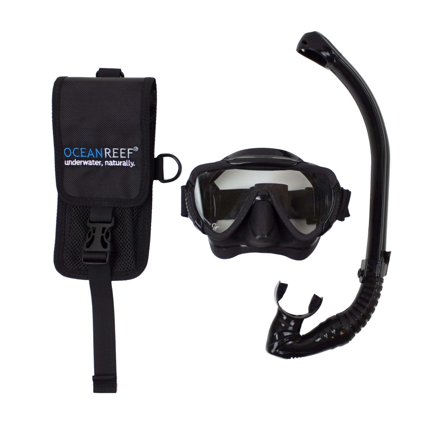 Ocean Reef BUMP back-up mask and snorkel package with pouch, medium size in matte and shiny black.