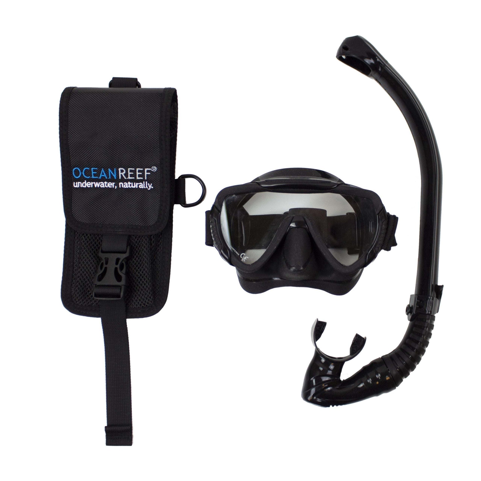 Ocean Reef BUMP back-up mask and snorkel package with pouch, medium size in matte and shiny black.
