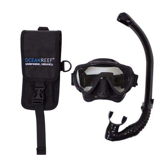 Ocean Reef BUMP back-up mask and snorkel package with pouch, medium size in matte and shiny black.