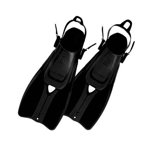 Ocean Reef DUO II snorkeling fins, compact and travel-ready with silicone foot pocket, unisex, black.
