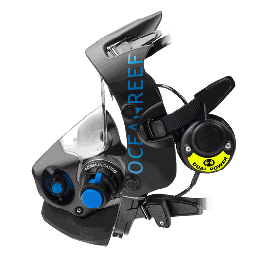 Ocean Reef GSM Mercury Dual Power wireless underwater communication device with yellow "Dual Power" sticker.