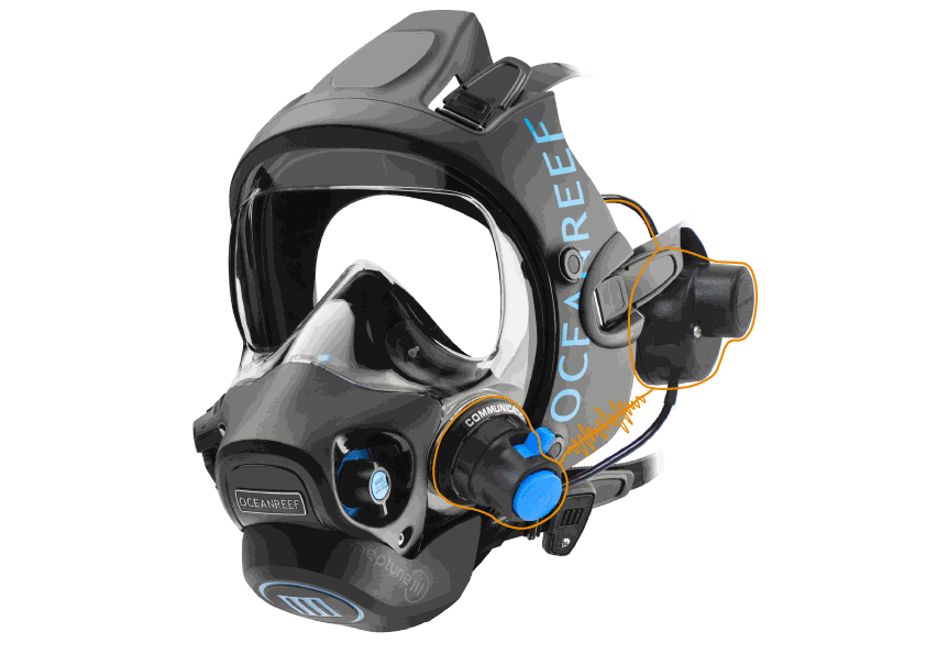 Ocean Reef GSM Mercury underwater wireless communication mask with dual speakers and rechargeable battery.