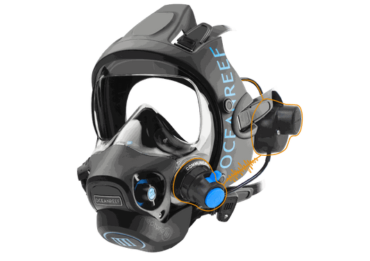 Ocean Reef GSM Mercury underwater wireless communication mask with dual speakers and rechargeable battery.