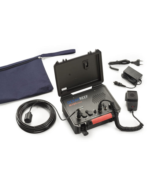 Ocean Reef M-105 Digital Dual Channel Surface Unit with accessories including microphone, cables, and case.