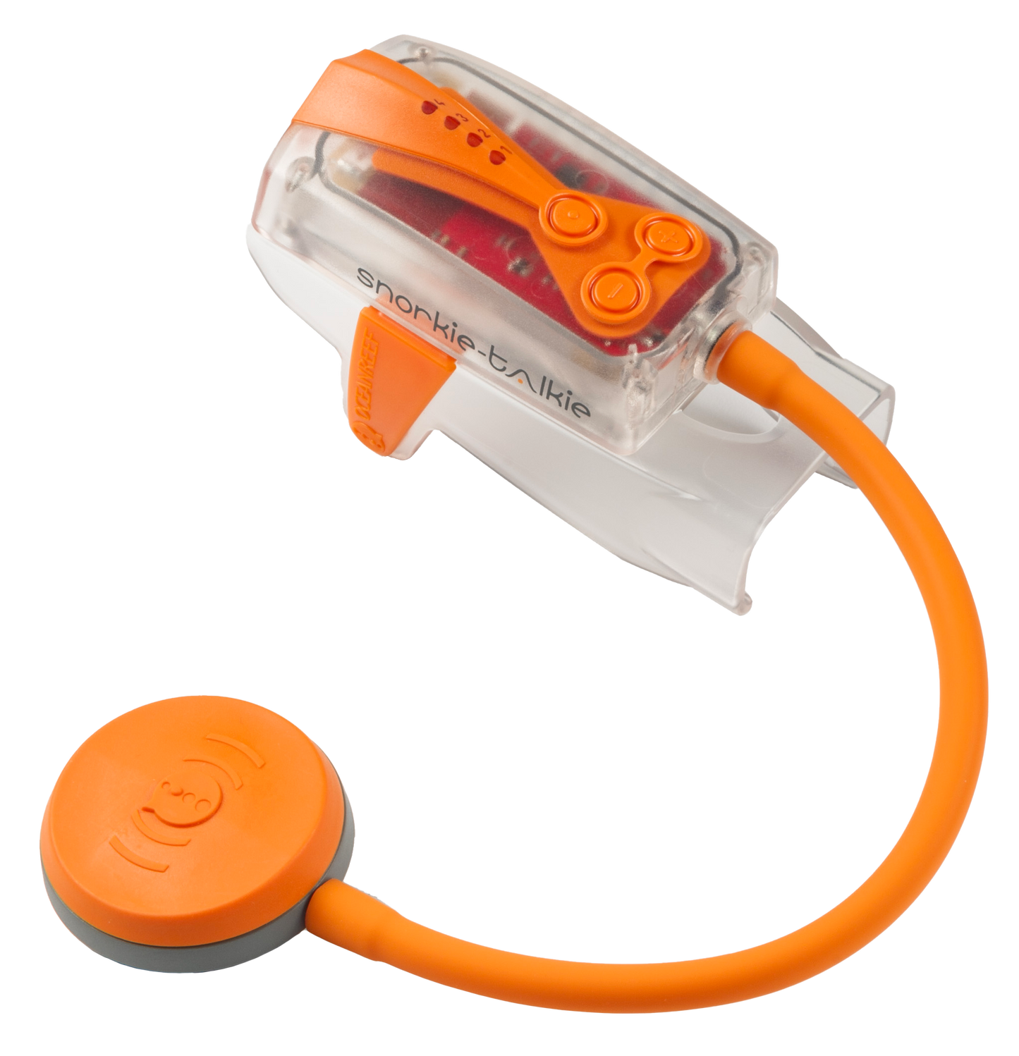 Ocean Reef Snorkel Talkie communication device with USB rechargeable battery and IP68 rating.