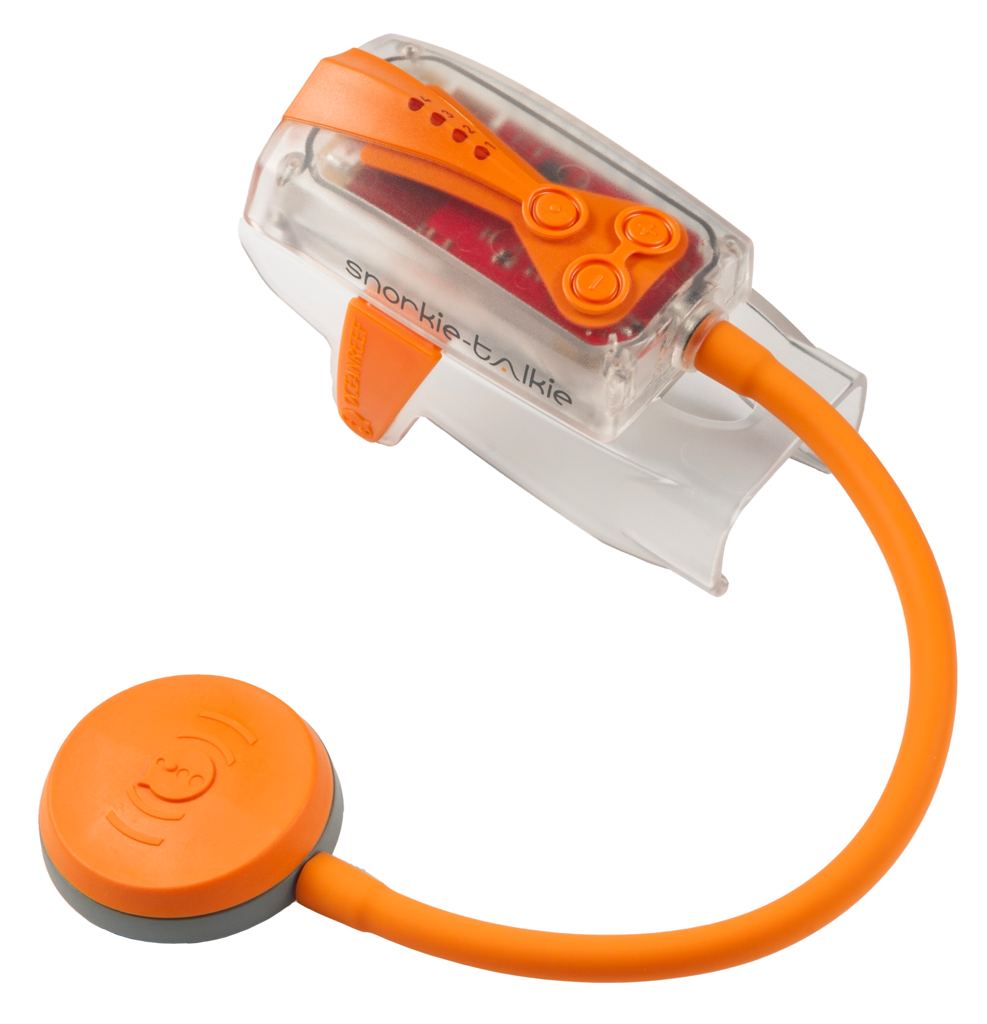 Ocean Reef Snorkel Talkie communication device with USB rechargeable battery and IP68 rating.