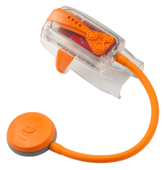 Ocean Reef Snorkel Talkie communication device with USB rechargeable battery and IP68 rating.