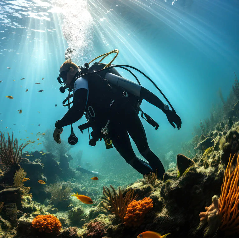 A scuba diver in a black wetsuit with white accents explores vibrant coral reefs, surrounded by colorful fish and illuminated by sunbeams filtering through the water.