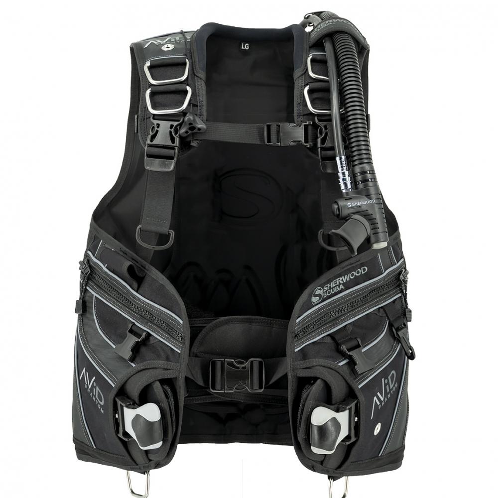 Sherwood Avid Phantom BCD black jacket-style buoyancy compensator with multiple straps and air cell system