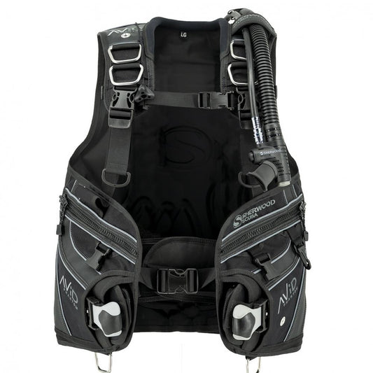 Sherwood Avid Phantom BCD black jacket-style buoyancy compensator with multiple straps and air cell system