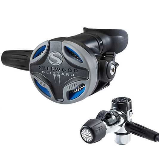 Sherwood Blizzard Pro cold water diving regulator with Air-Assisted Depth-Compensation technology and opposite pivoting point design