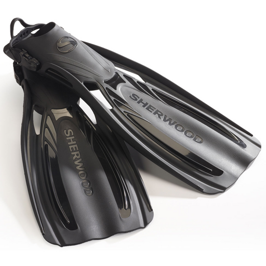 Sherwood Elite Fins lightweight dual-composite scuba diving fins with silicone heel strap and power rails in black and steel blue colors