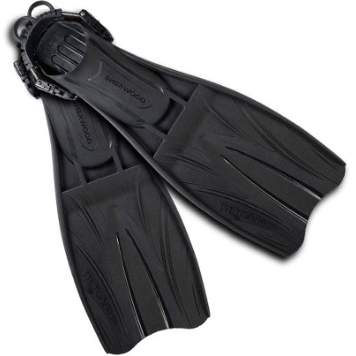 Black Sherwood Elite Full Foot Fins for scuba diving with adjustable straps and vented blades