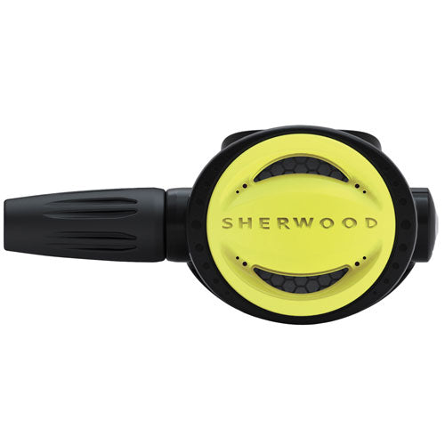 Sherwood Octopus scuba diving regulator with high visibility yellow face and durable black housing