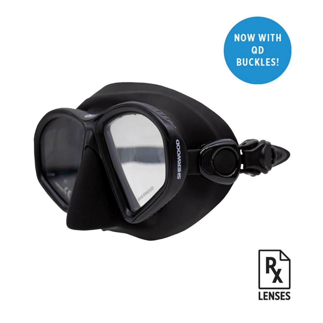Sherwood Onyx scuba mask with black silicone, dual lens, quick disconnect buckles, and tempered glass lenses