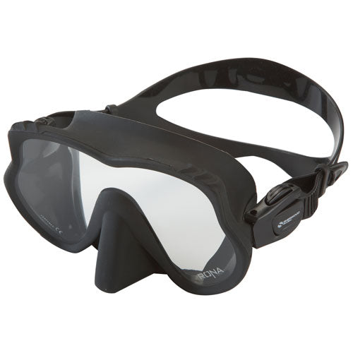 Sherwood Rona Frameless Mask with single wide-view tempered glass lens and matte black silicone skirt