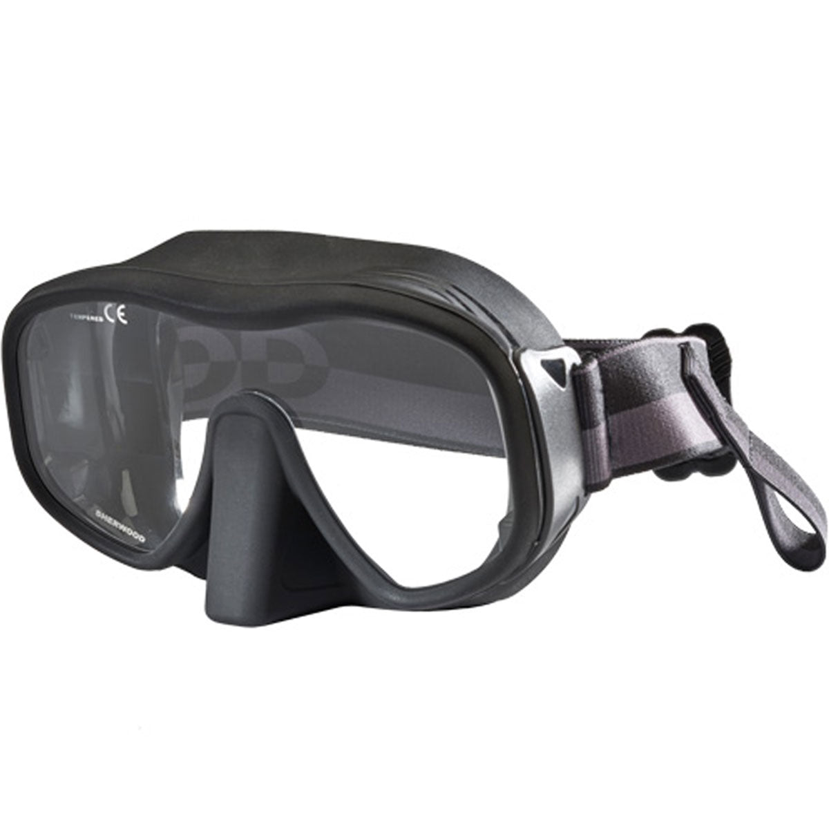 Sherwood Scope Mask frameless diving mask with wide single tempered glass lens and adjustable elastic strap in black