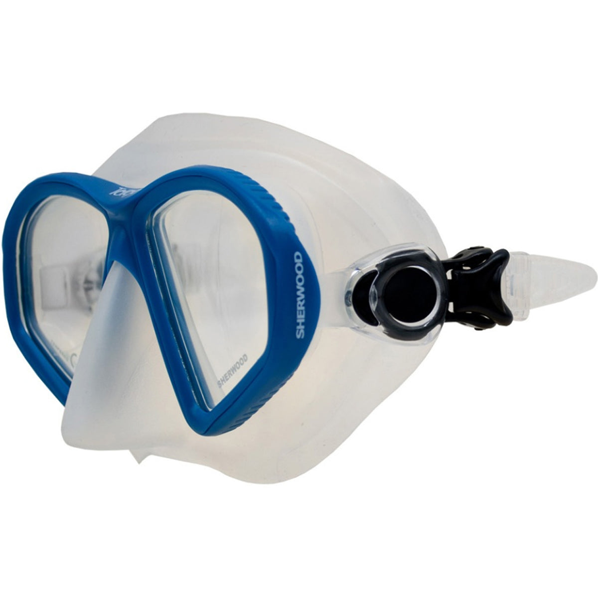 Sherwood Targa Mask low profile scuba diving mask with blue silicone frame and tempered lenses