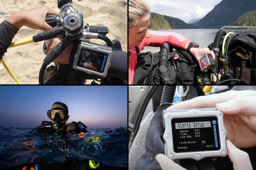 Silver streamwater dive computer with black screen and digital display showing depth, time, and alert settings.