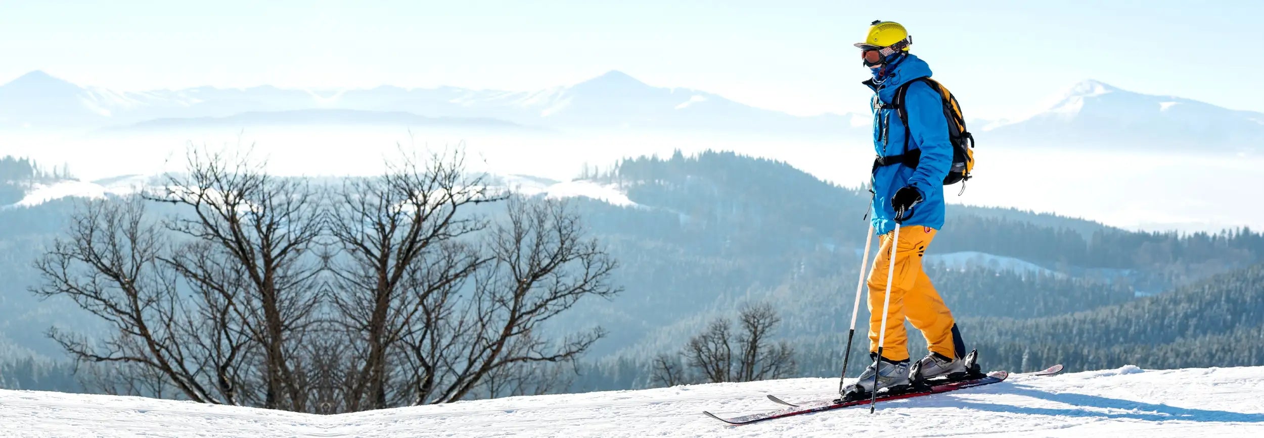 A skier in a bright blue jacket and vibrant yellow ski pants stands poised on snow-covered slopes, equipped with poles and skis.