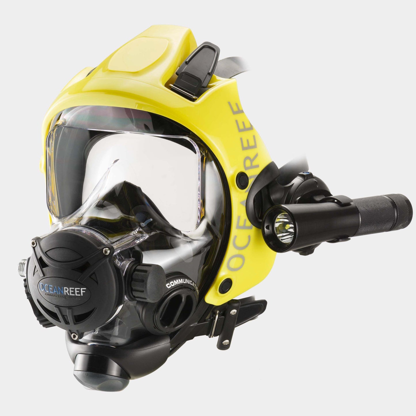 Ocean Reef Camera and Torch Support attached to yellow diving mask with cylindrical holders and GoPro compatibility.
