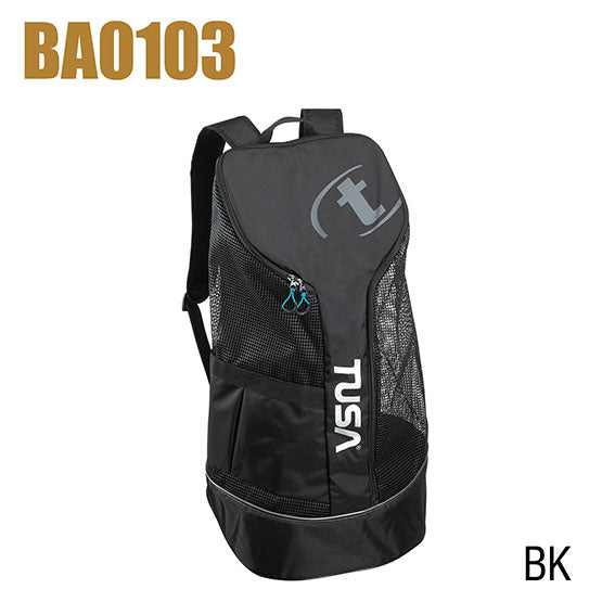 Tusa BA-0103 Mesh Backpack with heavy duty rubberized mesh, padded shoulder straps, large outer pocket, and extended zipper in black color