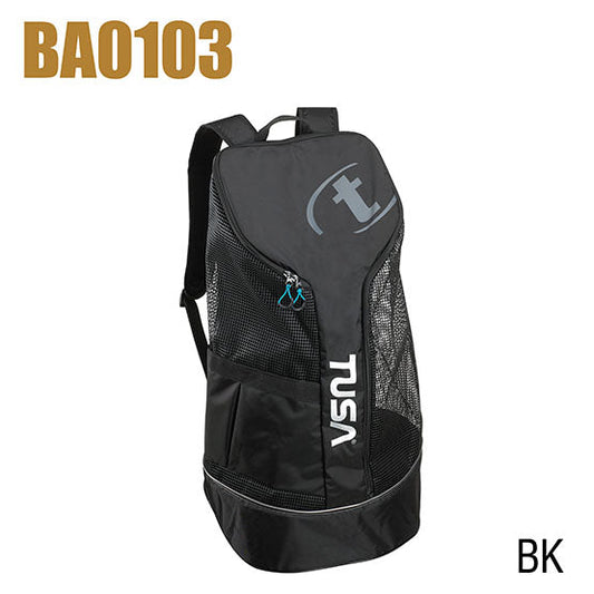 Tusa BA-0103 Mesh Backpack with heavy duty rubberized mesh, padded shoulder straps, large outer pocket, and extended zipper in black color