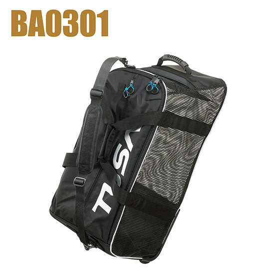 Tusa BA0301 Mesh Roller Bag with large capacity, durable rubberized mesh, smooth gliding wheels, adjustable shoulder strap, and multiple carry handles for dive gear storage