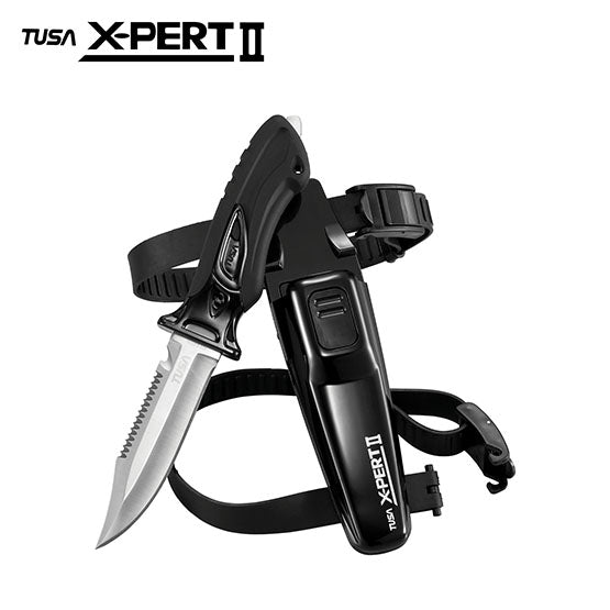 Tusa FK-910 X-Pert II drop point blade knife with serrated edge and ergonomic grip with sheath and strap